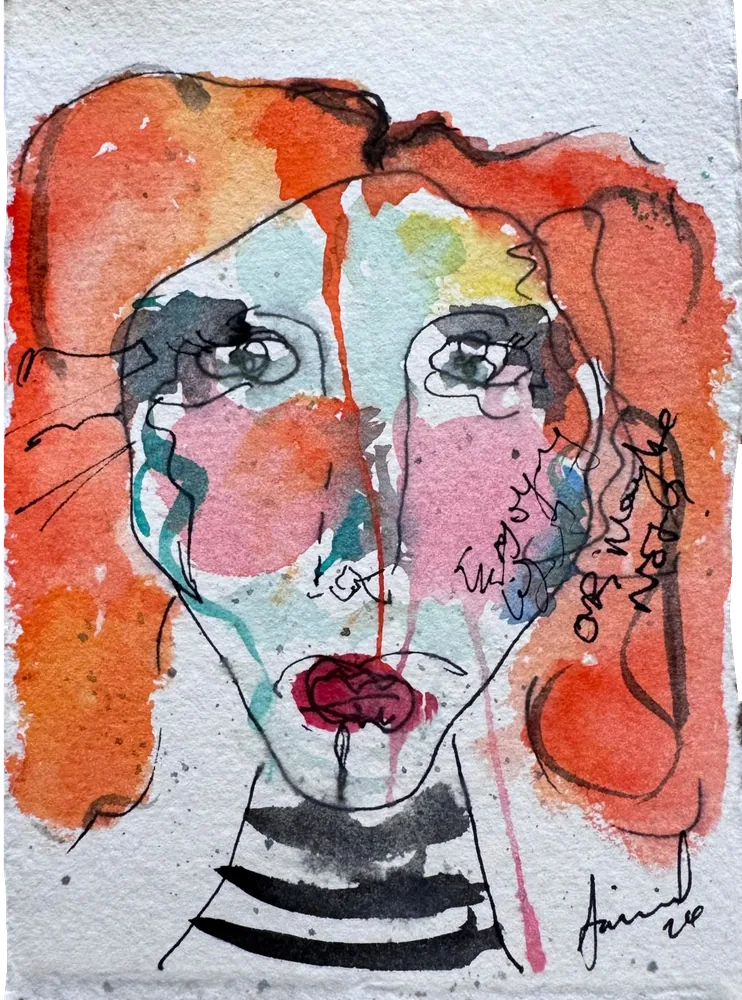 Inside out 4, a mixed-media portrait with red hair and a striped top